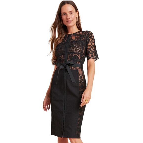 BYRON LARS Beguile Carissima Sheath Dress Black Lace Embroidered Belted Size 0P - Picture 1 of 6